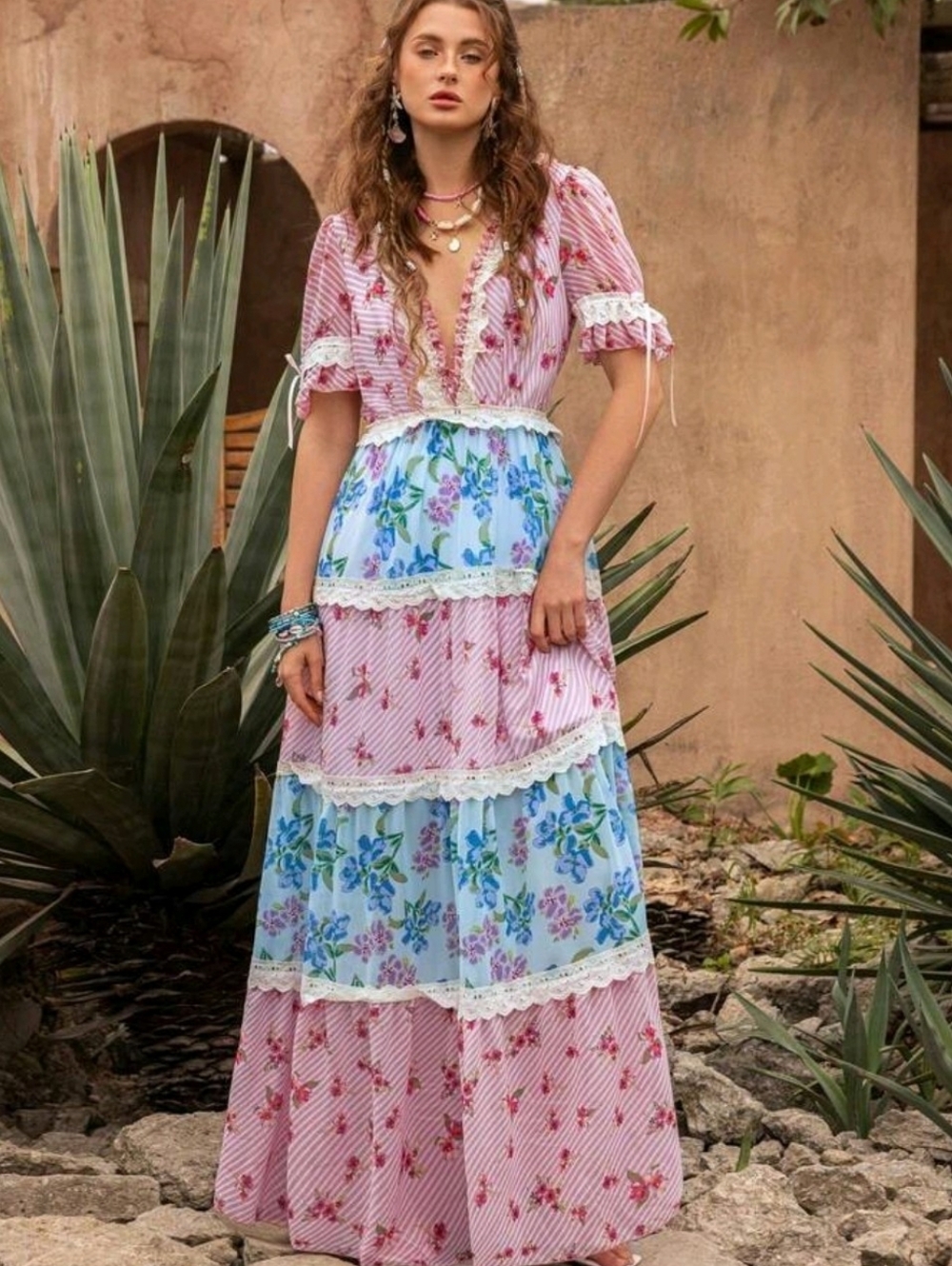 Floral Tiered Maxi Dress in Pink and Blue - Picture 11 of 16